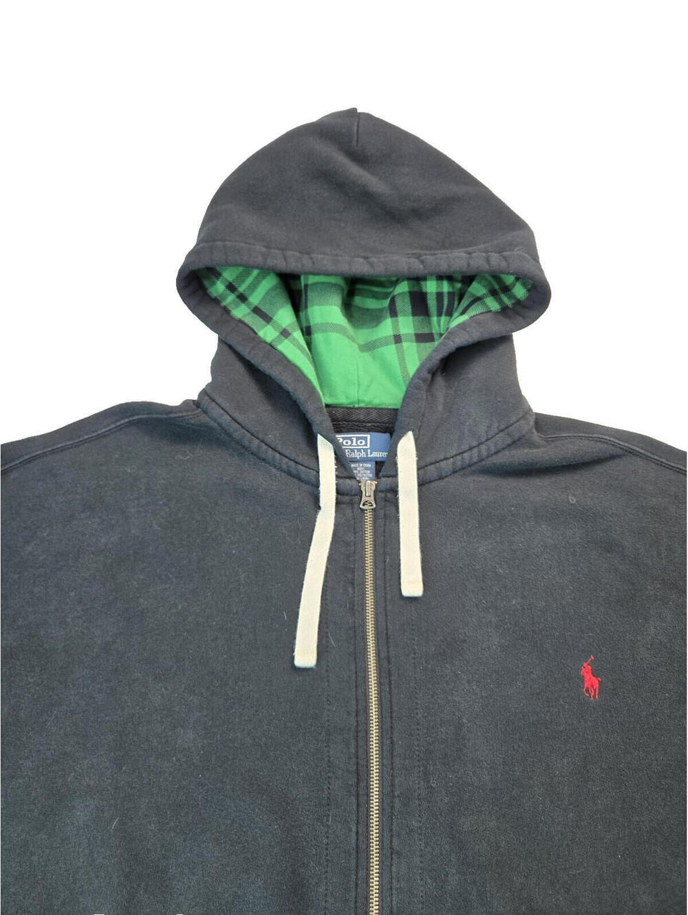 Polo Ralph Lauren Vintage Green Plaid Lined Black Zip Hoodie Mens Size 3XLT - Picture 3 of 6